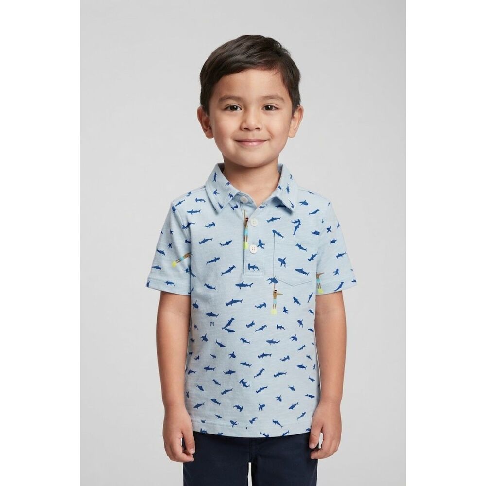 Baby Gap Shark Print Polo Shirt Light Blue Toddler Size 5 Years